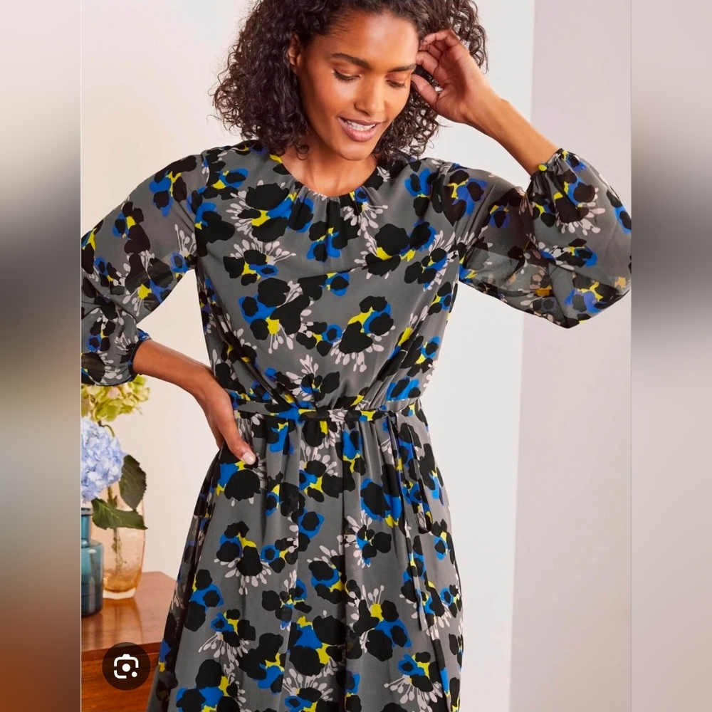 Boden Floral-Print Long-Sleeve Dress — Gray with Blue & Yellow - Size 16/18R